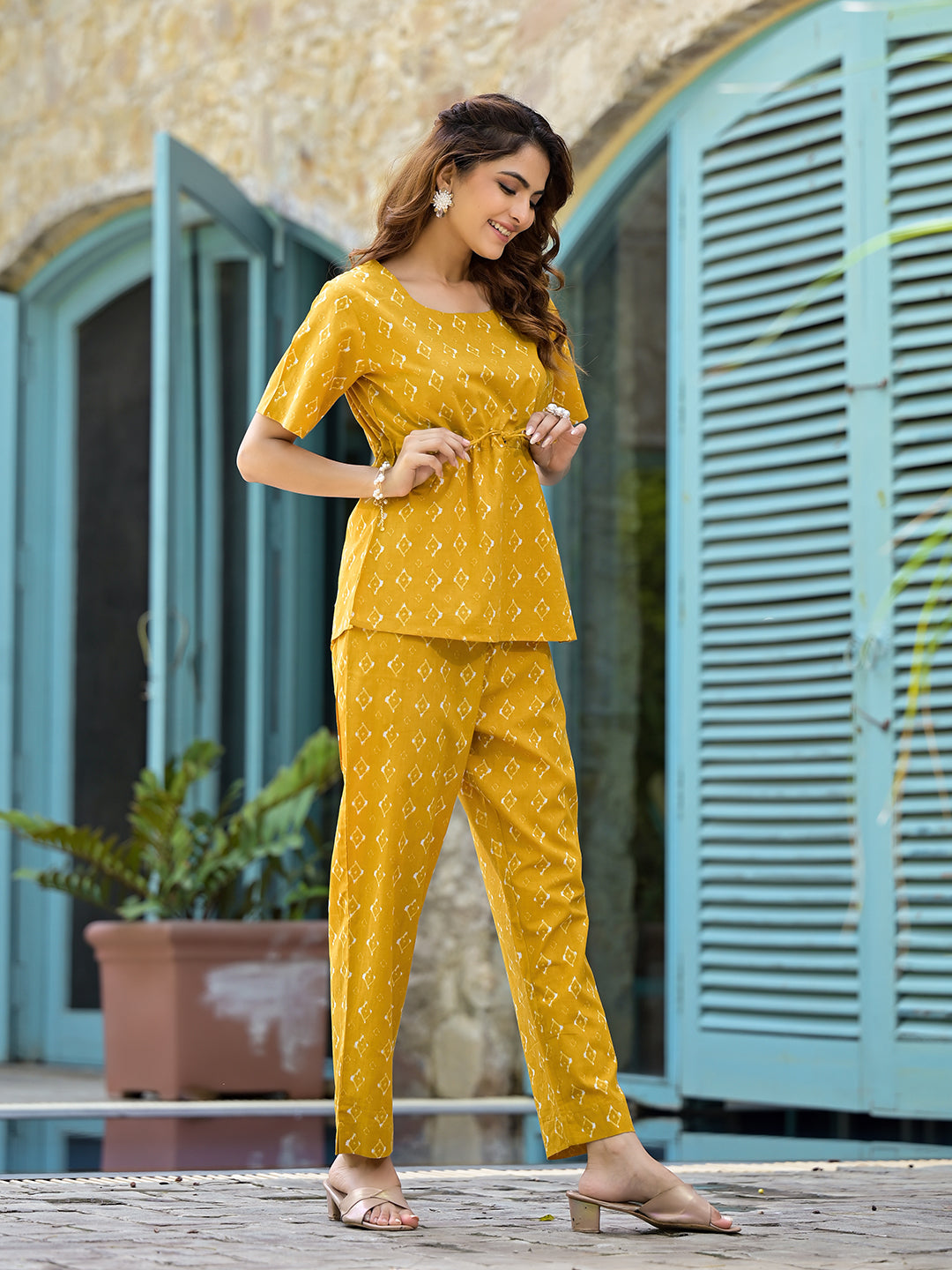 Eshani Mustard Cotton A-line Night Suit with Adjustable Waist Dori