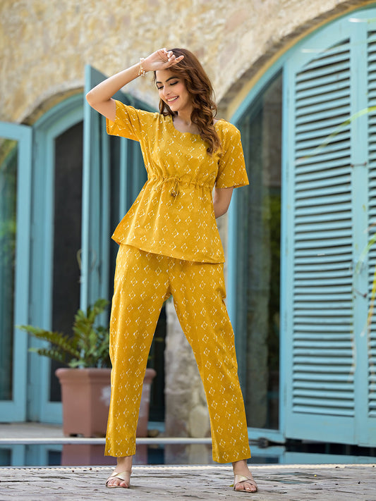 Eshani Mustard Cotton A-line Night Suit with Adjustable Waist Dori