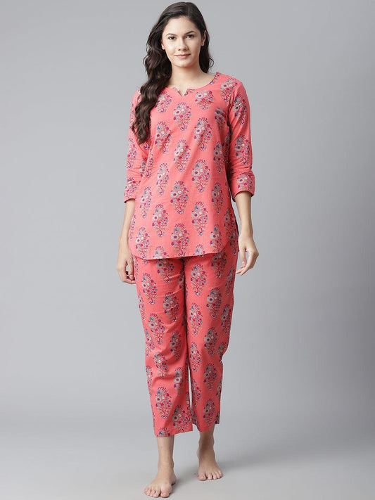 Eshani Peach Cotton Printed Nightsuit - Eshani world