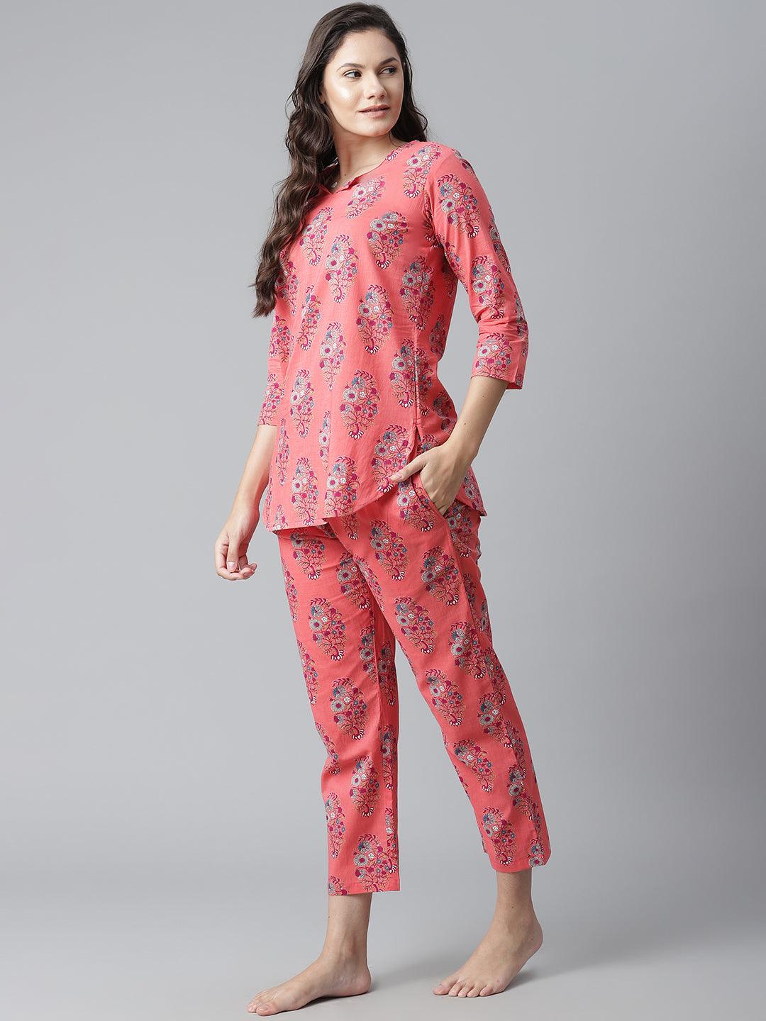 Eshani Peach Cotton Printed Nightsuit - Eshani world