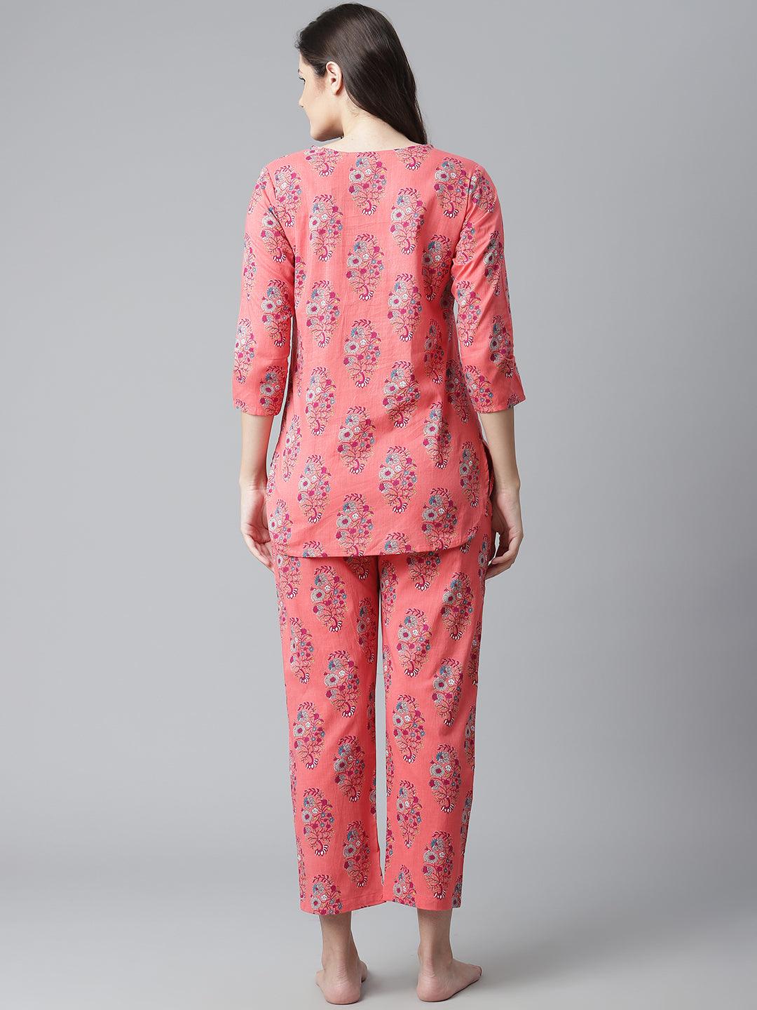 Eshani Peach Cotton Printed Nightsuit - Eshani world