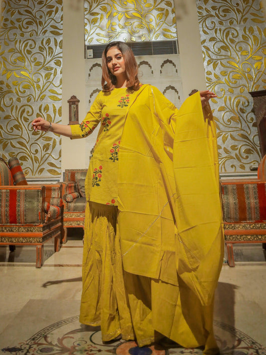 Eshani lemon yellow cotton sharara kurta set with dupatta - divenaworld.com