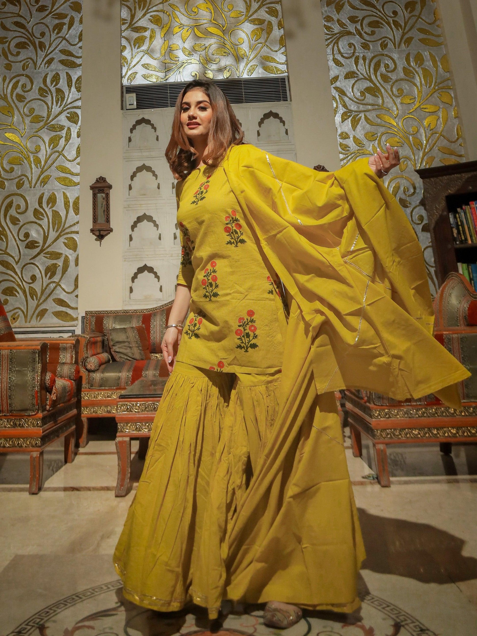 Eshani lemon yellow cotton sharara kurta set with dupatta - divenaworld.com