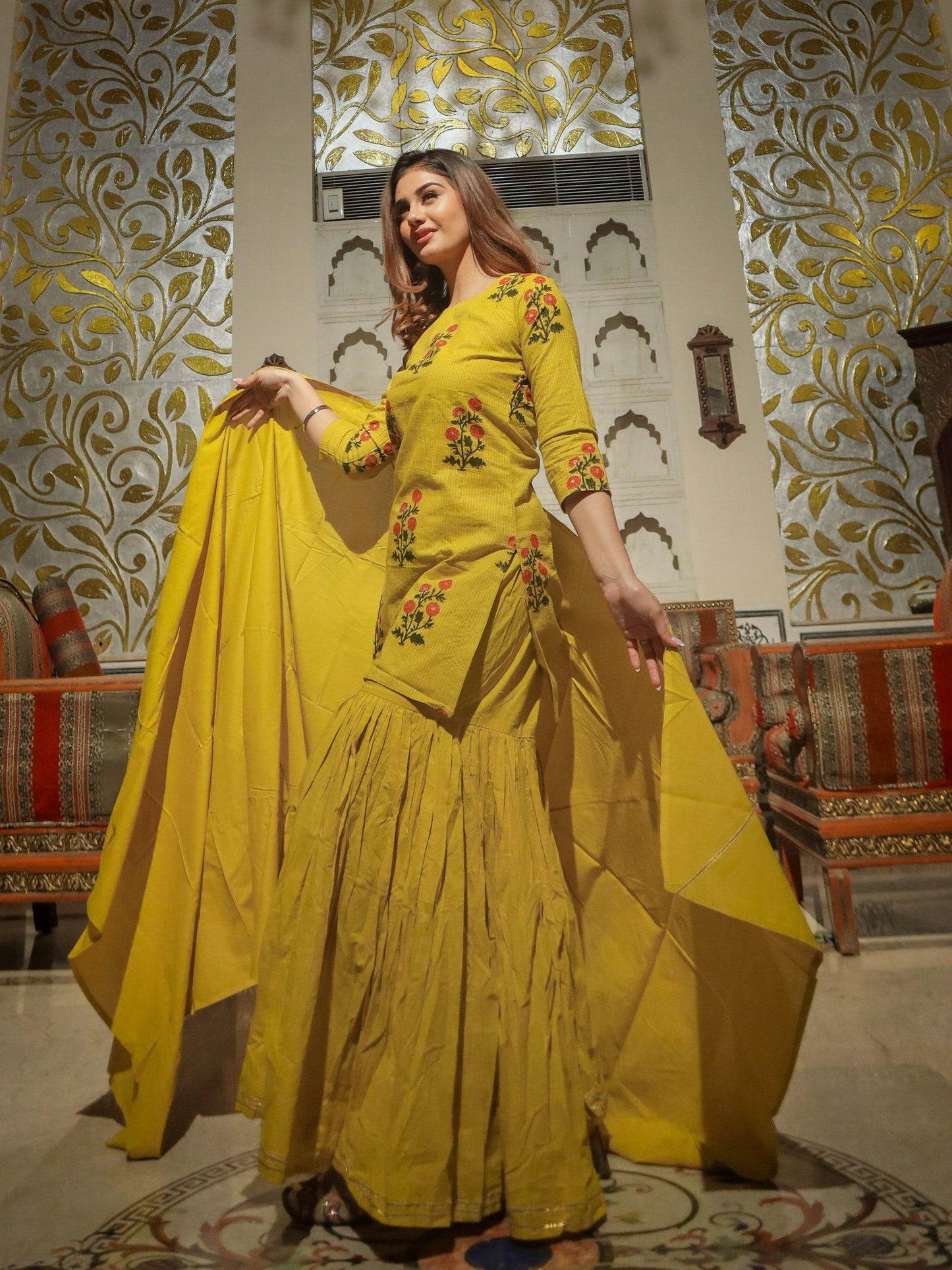 Eshani lemon yellow cotton sharara kurta set with dupatta - divenaworld.com