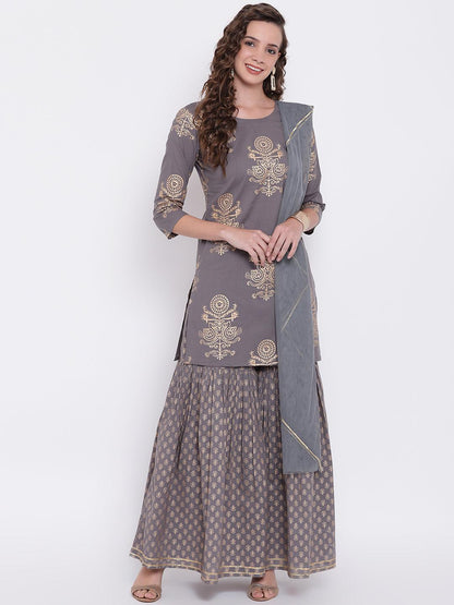 Eshani Grey Foil Print Cotton Sharara Set with Net Dupatta - Eshani world