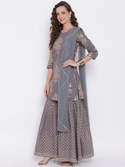 Eshani Grey Foil Print Cotton Sharara Set with Net Dupatta - Eshani world