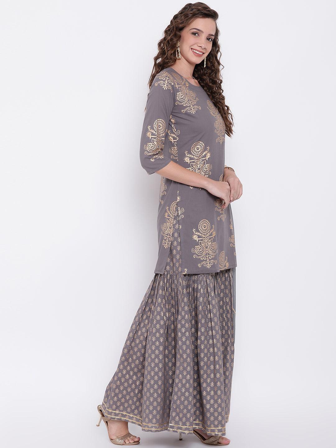 Eshani Grey Foil Print Cotton Sharara Set with Net Dupatta - Eshani world