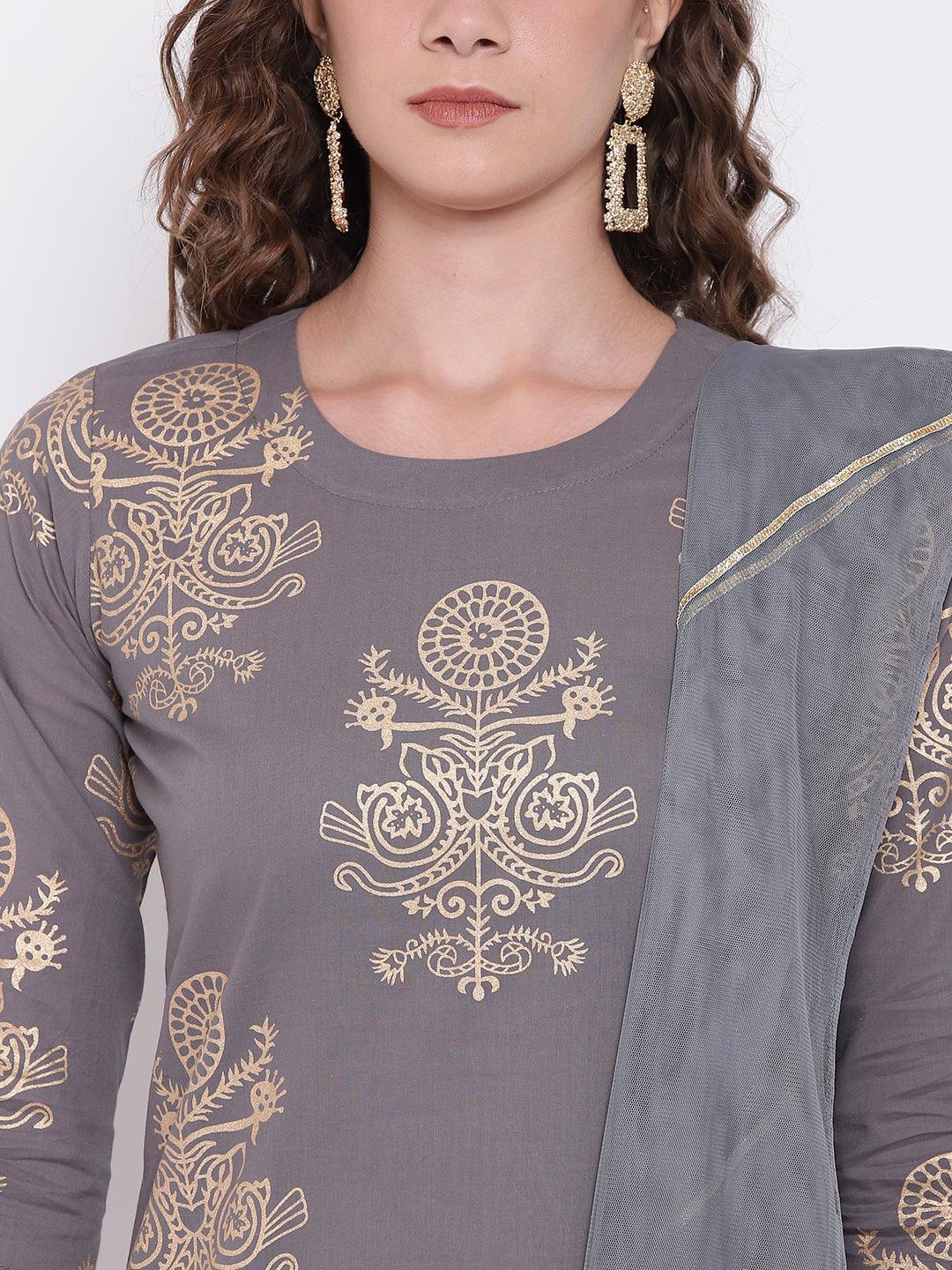 Eshani Grey Foil Print Cotton Sharara Set with Net Dupatta - Eshani world