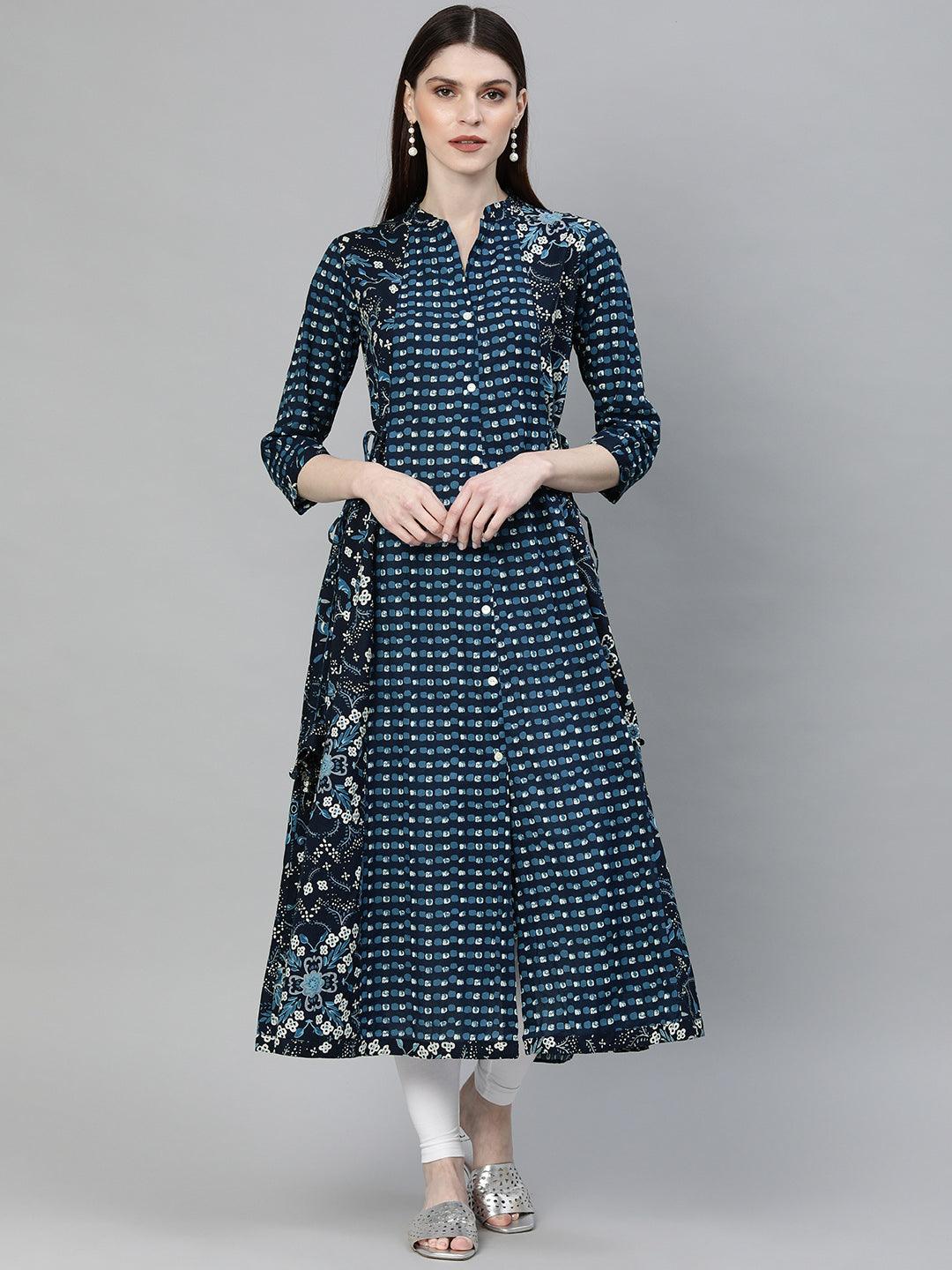 Eshani Navy Blue Printed A- Line Kurta - Eshani world