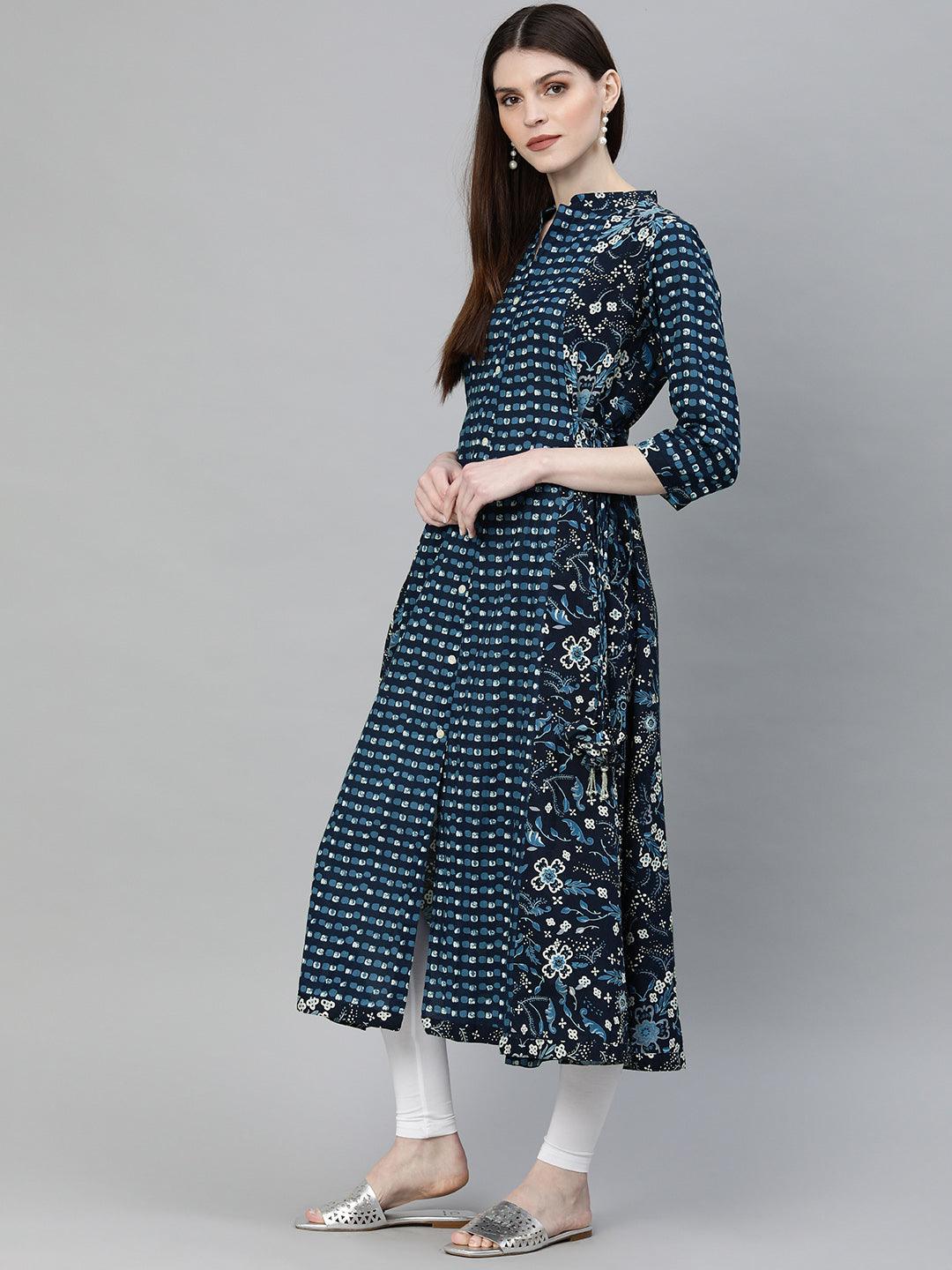 Eshani Navy Blue Printed A- Line Kurta - Eshani world