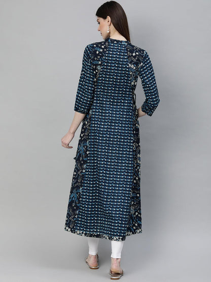 Eshani Navy Blue Printed A- Line Kurta - Eshani world