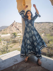 Eshani Blue Long Cotton Anarkali - divenaworld.com