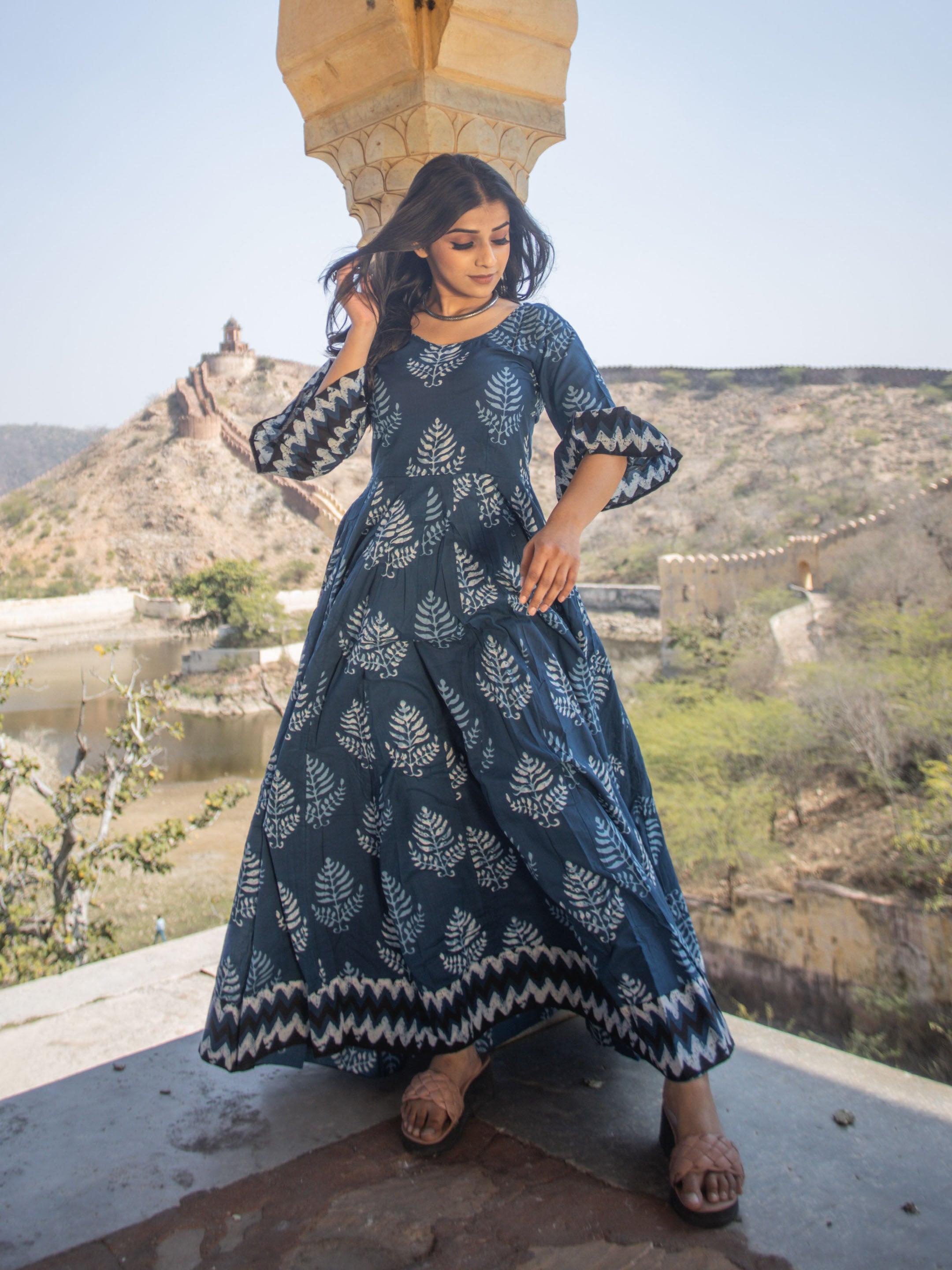 Eshani Blue Long Cotton Anarkali - divenaworld.com