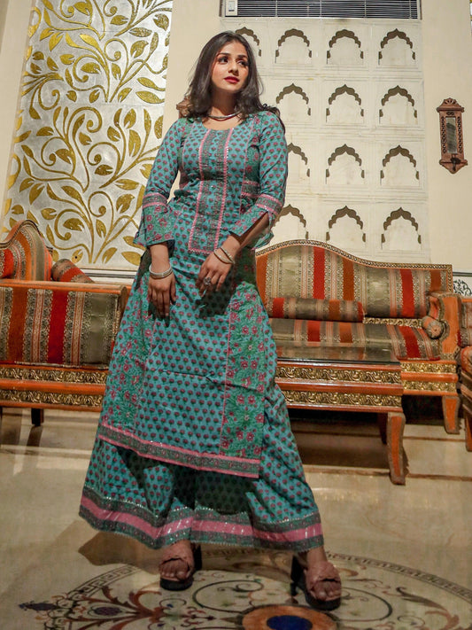 Eshani Blue Printed Straight Kurti With Palazzo - divenaworld.com