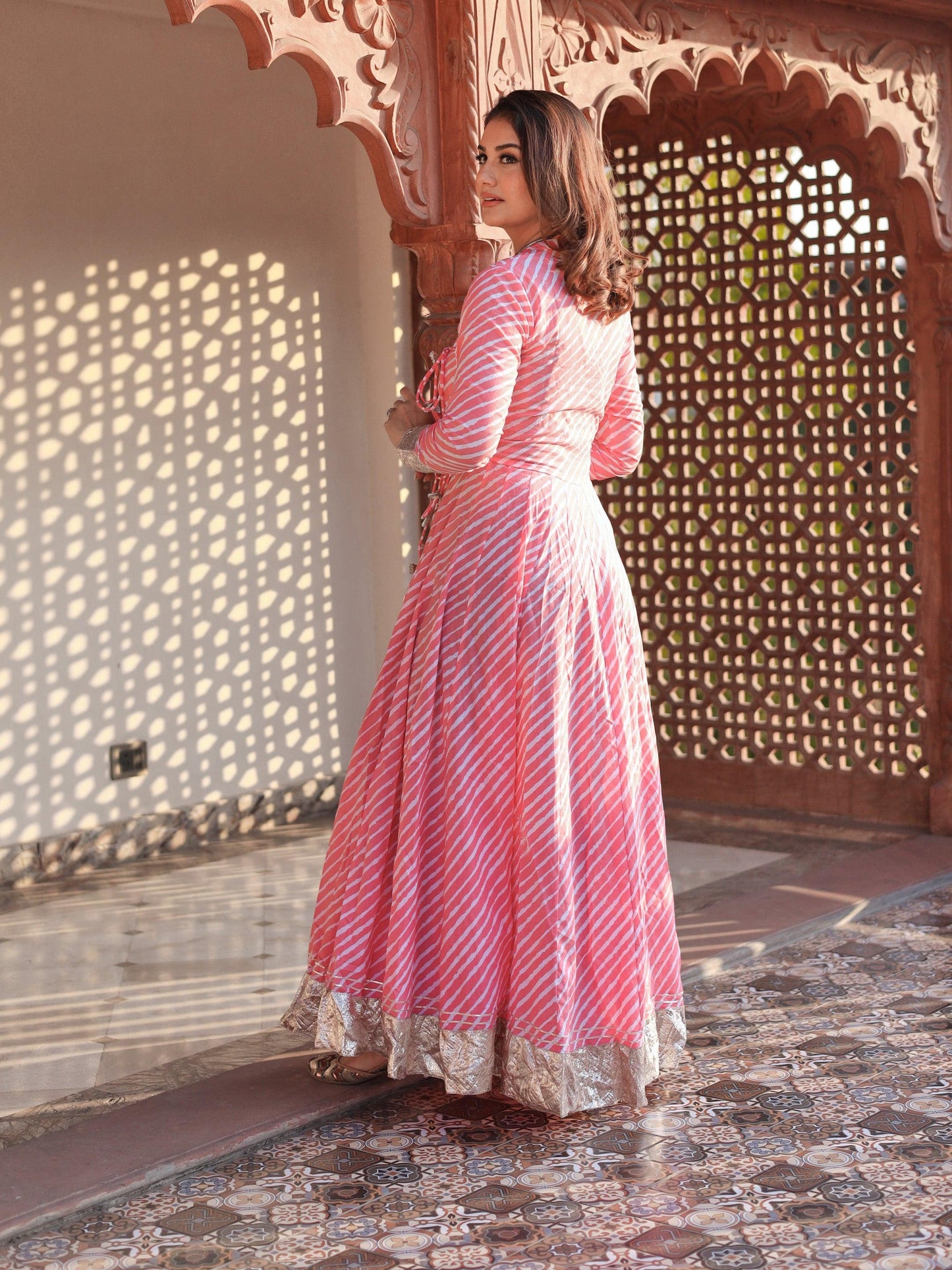 Eshani Pink Leheriya Cotton Anarkali With Copper Lace - divenaworld.com