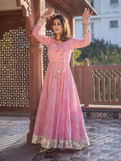 Eshani Pink Leheriya Cotton Anarkali With Copper Lace - divenaworld.com