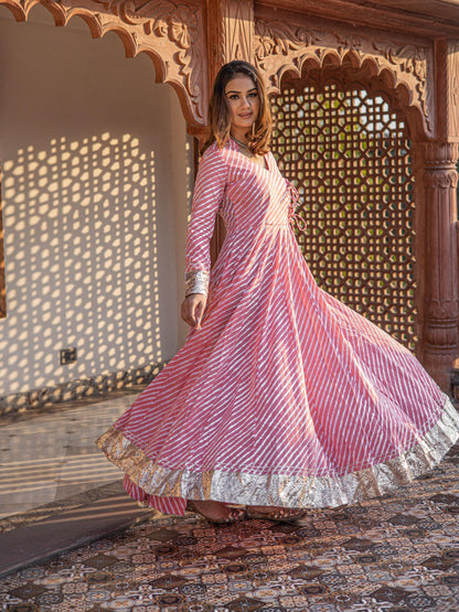 Eshani Pink Leheriya Cotton Anarkali With Copper Lace - divenaworld.com