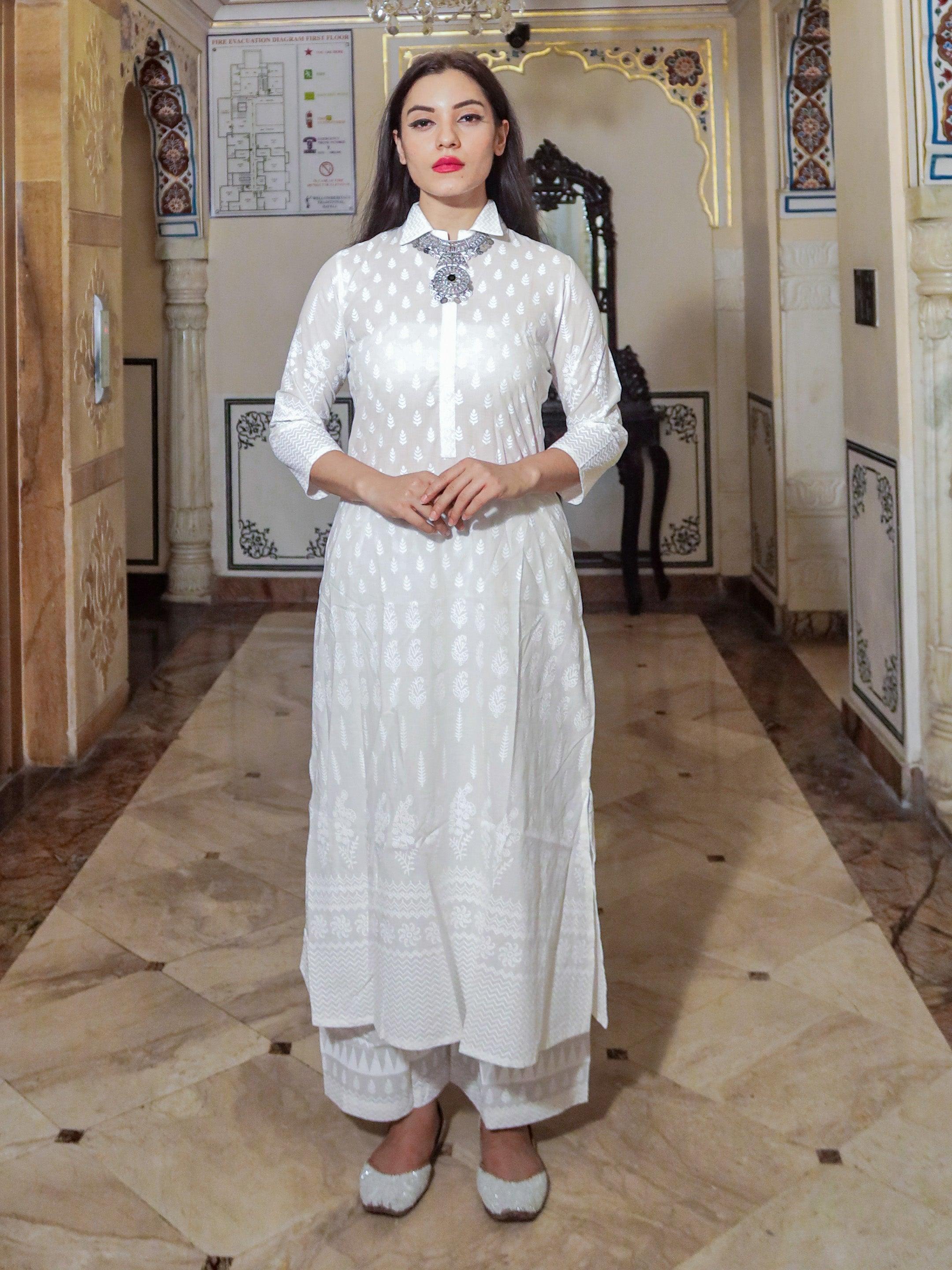 Eshani White Printed Cotton Kurti With Palazzo - divenaworld.com