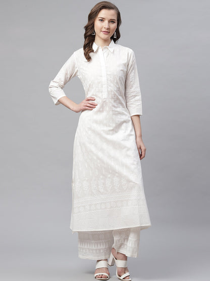 Eshani White Khari Print Cotton Kurti With Palazzo Set