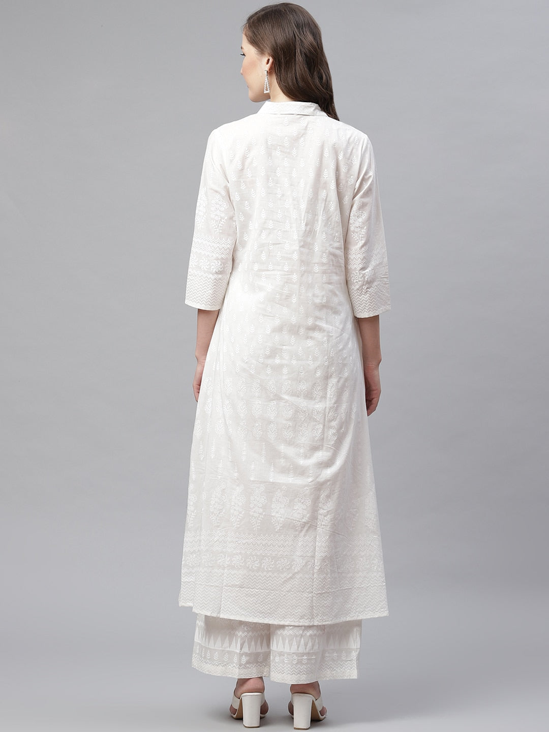 Eshani White Khari Print Cotton Kurti With Palazzo Set