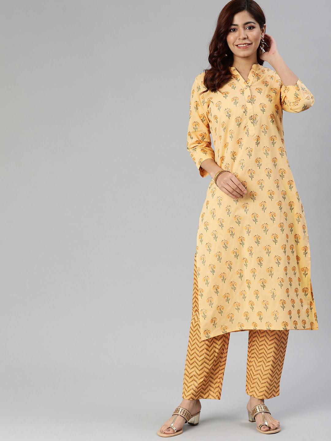 Eshani Yellow Flower Print Cotton Kurta Set - Eshani world