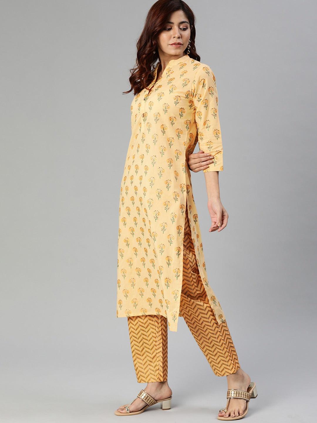 Eshani Yellow Flower Print Cotton Kurta Set - Eshani world