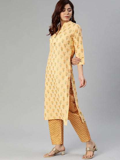 Eshani Yellow Flower Print Cotton Kurta Set - Eshani world