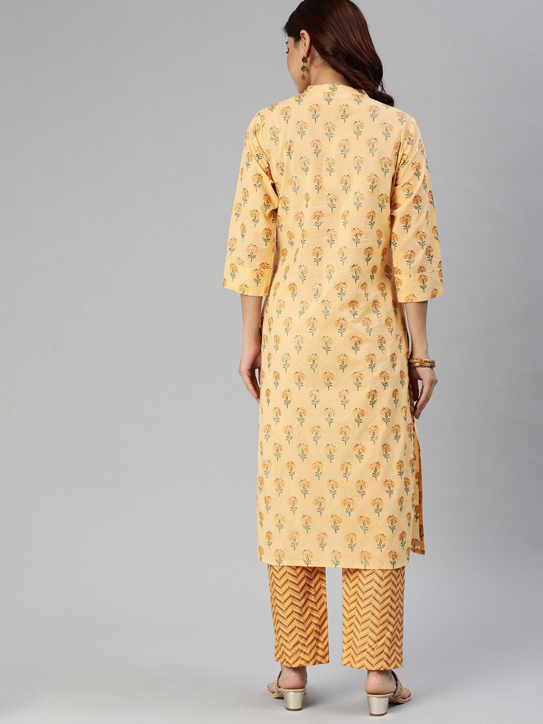 Eshani Yellow Flower Print Cotton Kurta Set - Eshani world