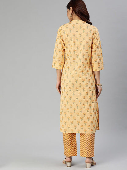 Eshani Yellow Flower Print Cotton Kurta Set - Eshani world