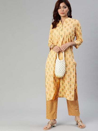 Eshani Yellow Flower Print Cotton Kurta Set - Eshani world