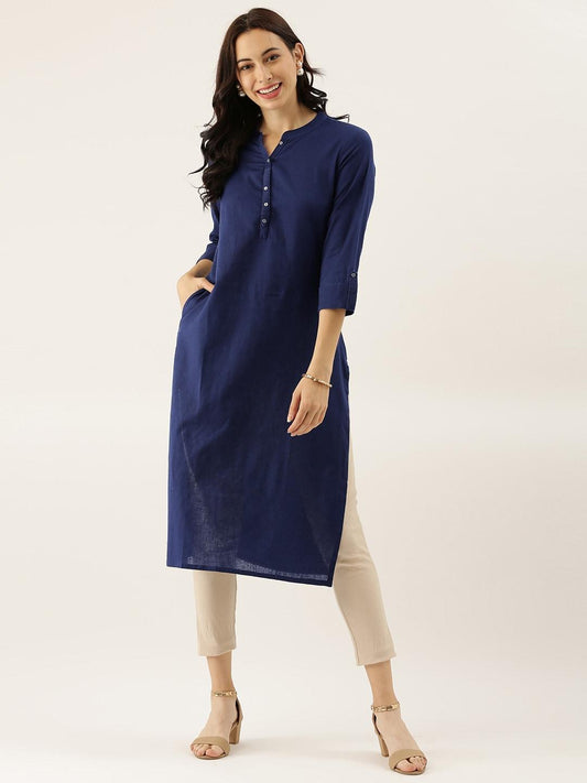 Eshani Blue Solid Straight Roll up Sleeve Kurti - Eshani world