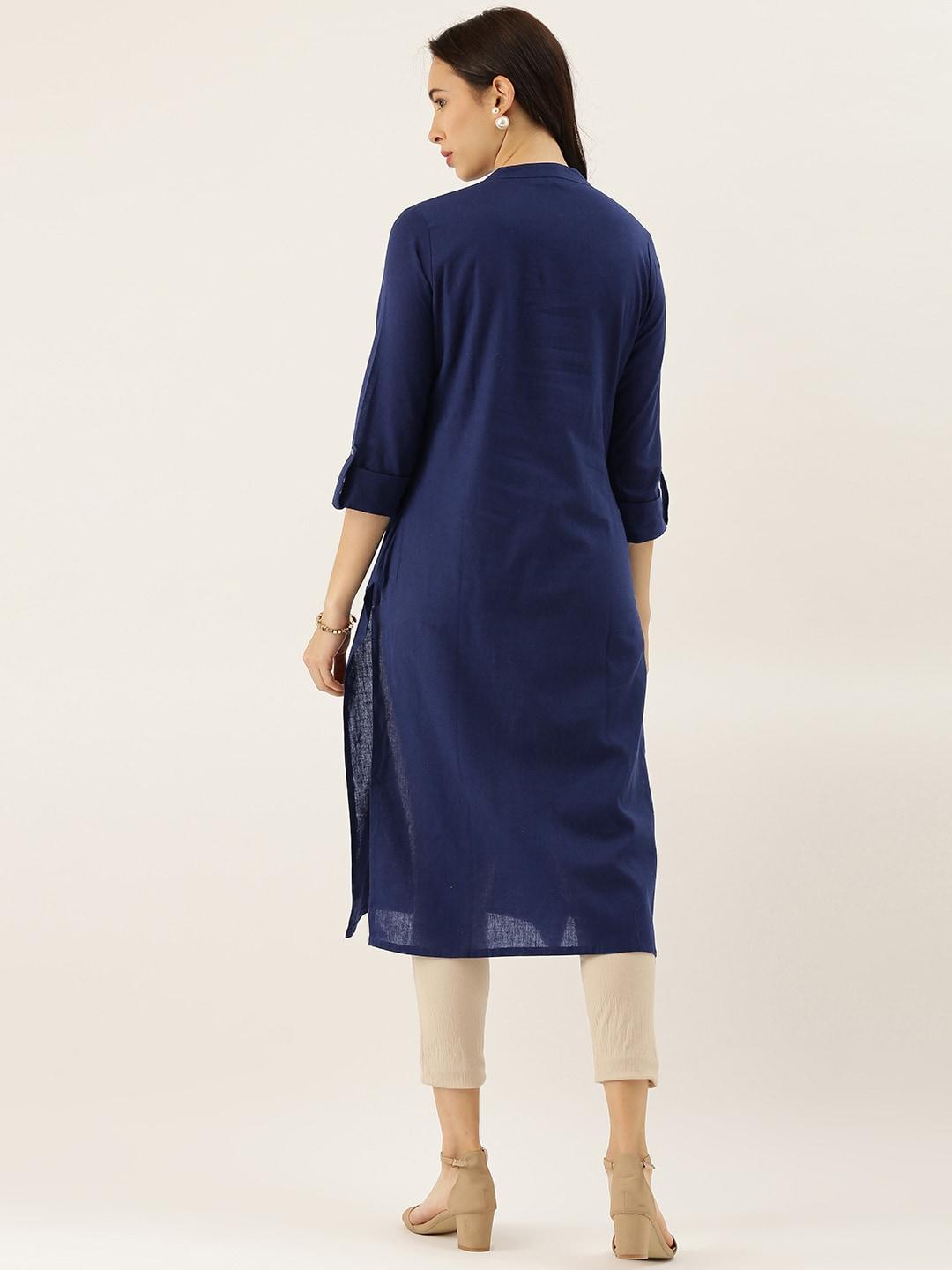 Eshani Blue Solid Straight Roll up Sleeve Kurti - Eshani world