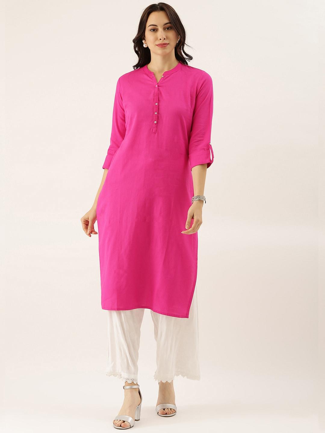 Eshani Pink Solid Straight Roll up Sleeve Kurti - Eshani world