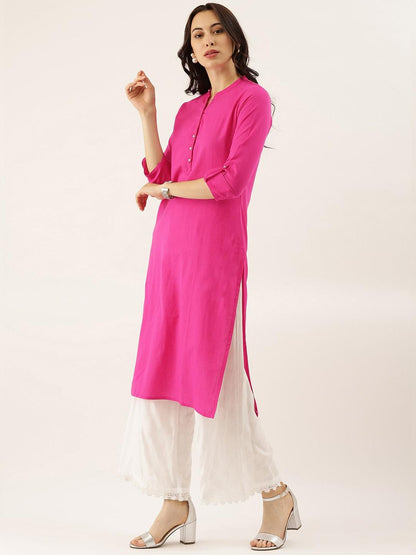 Eshani Pink Solid Straight Roll up Sleeve Kurti - Eshani world