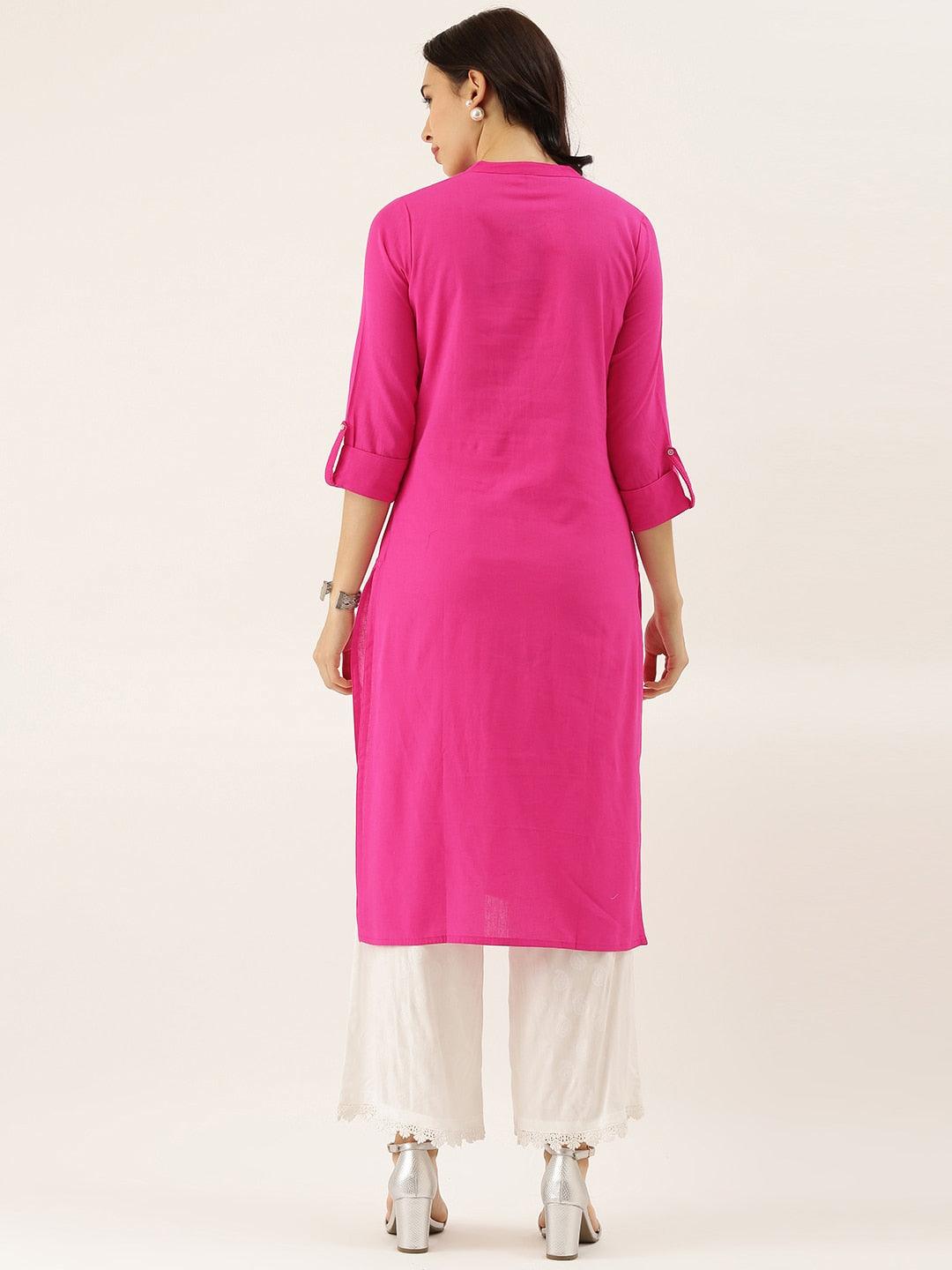 Eshani Pink Solid Straight Roll up Sleeve Kurti - Eshani world