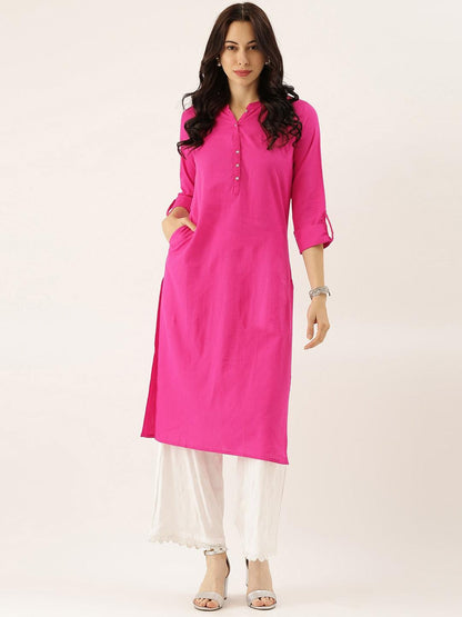 Eshani Pink Solid Straight Roll up Sleeve Kurti - Eshani world