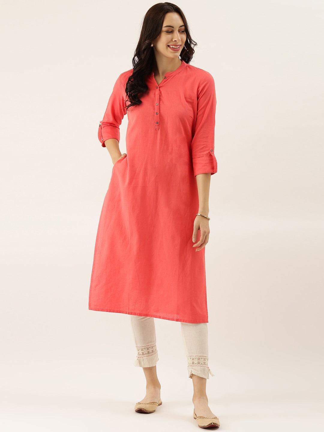 Eshani Peach Solid Straight Roll up Sleeve Kurti - Eshani world