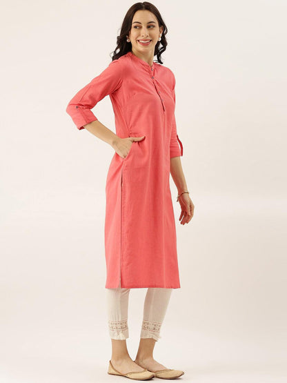 Eshani Peach Solid Straight Roll up Sleeve Kurti - Eshani world