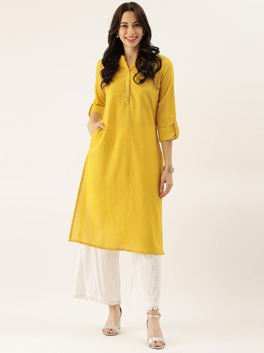 Eshani Yellow Solid Straight Roll up Sleeve Kurti - Eshani world