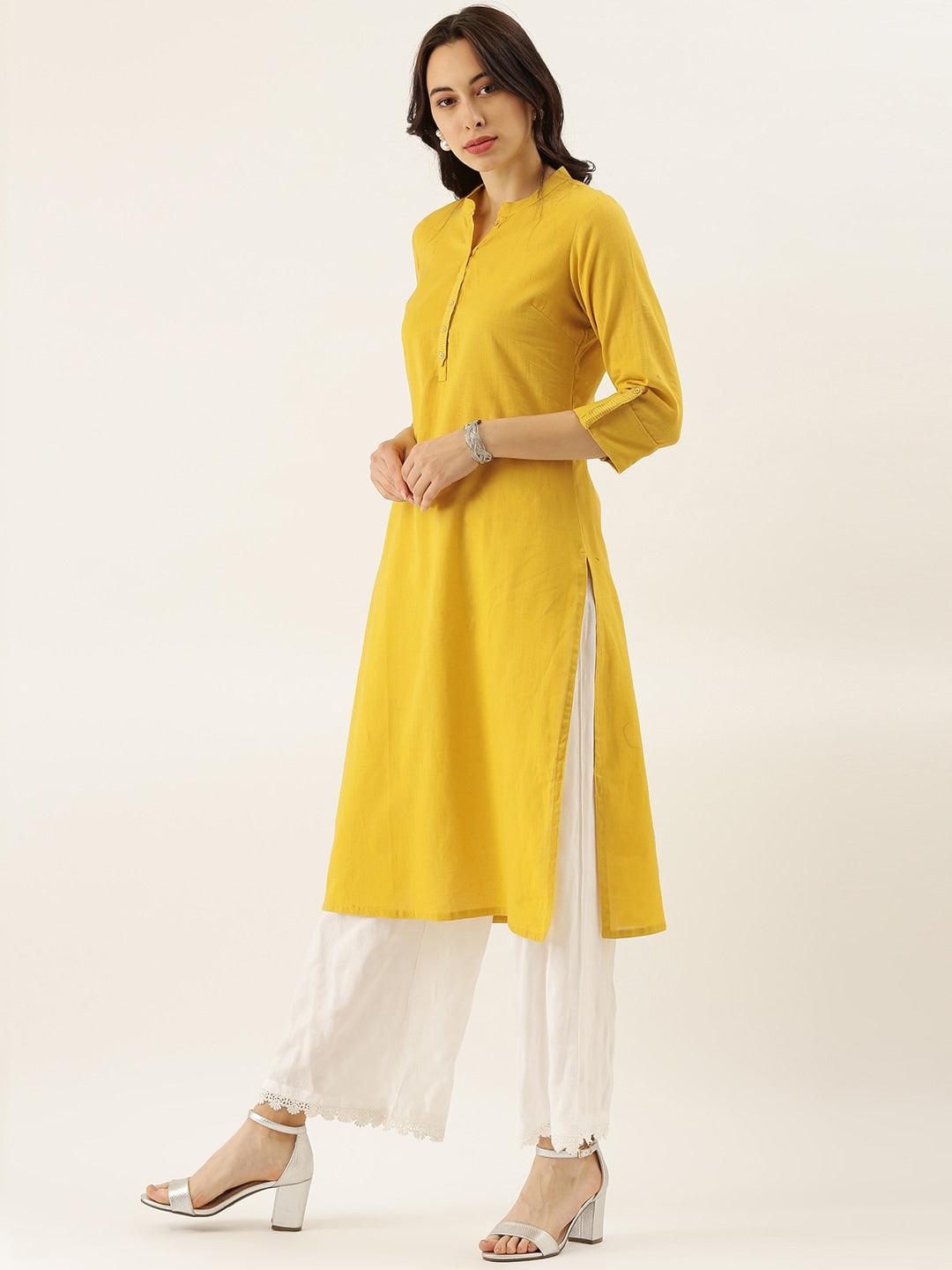 Eshani Yellow Solid Straight Roll up Sleeve Kurti - Eshani world