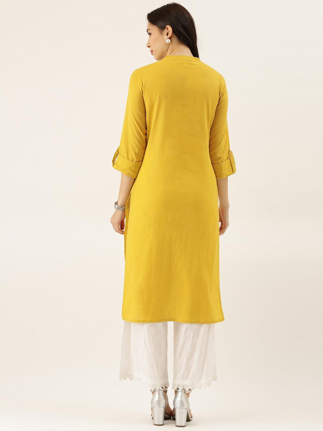 Eshani Yellow Solid Straight Roll up Sleeve Kurti - Eshani world