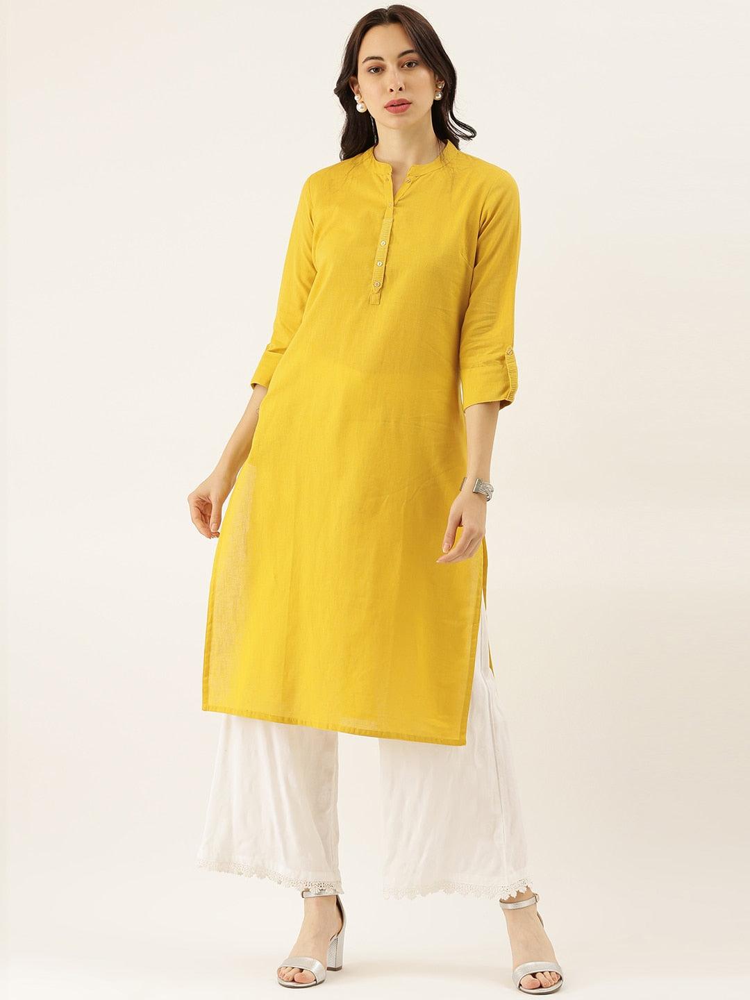 Eshani Yellow Solid Straight Roll up Sleeve Kurti - Eshani world