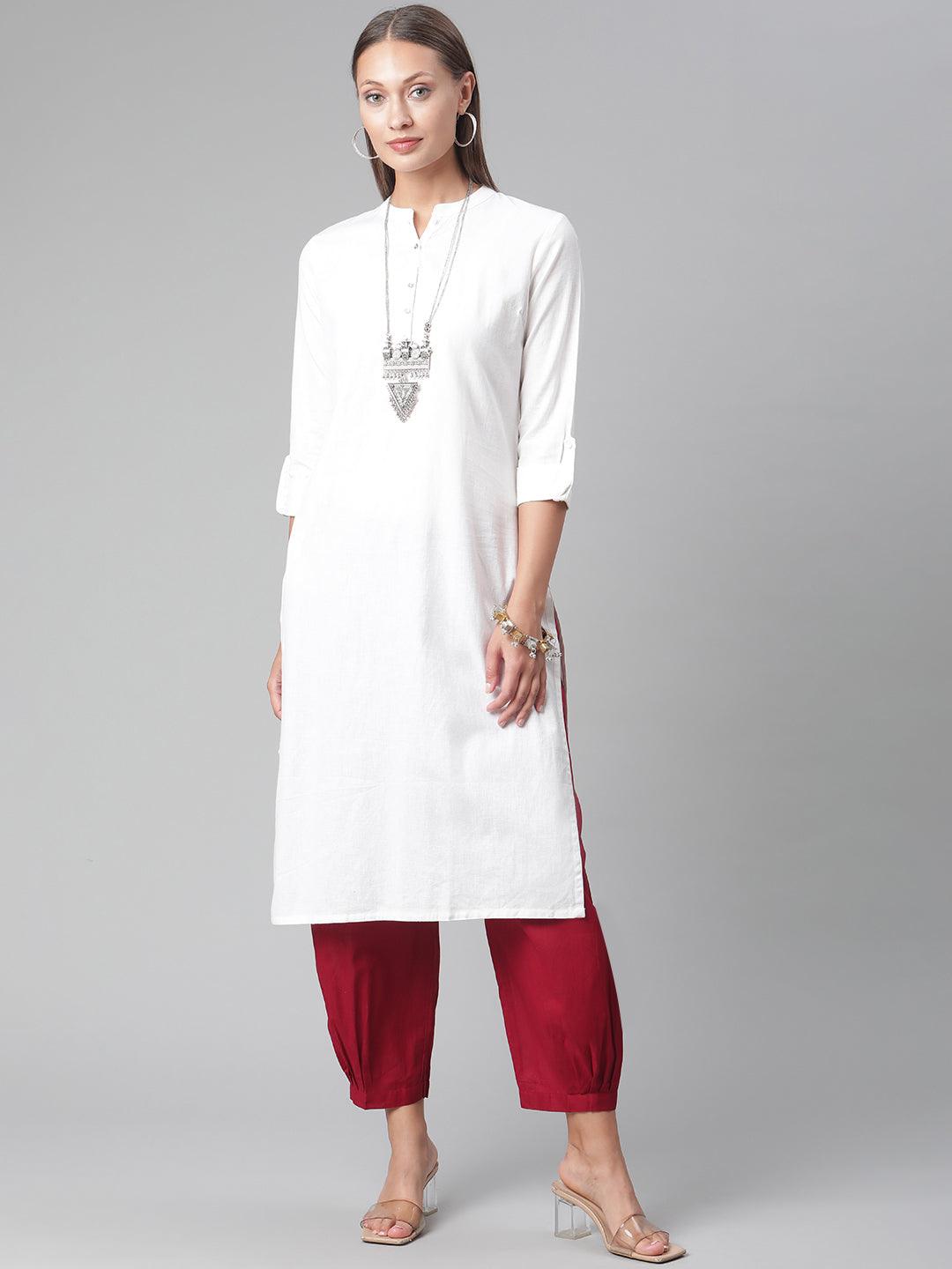 Eshani White Solid Pure Cotton Straight Kurta - Eshani world