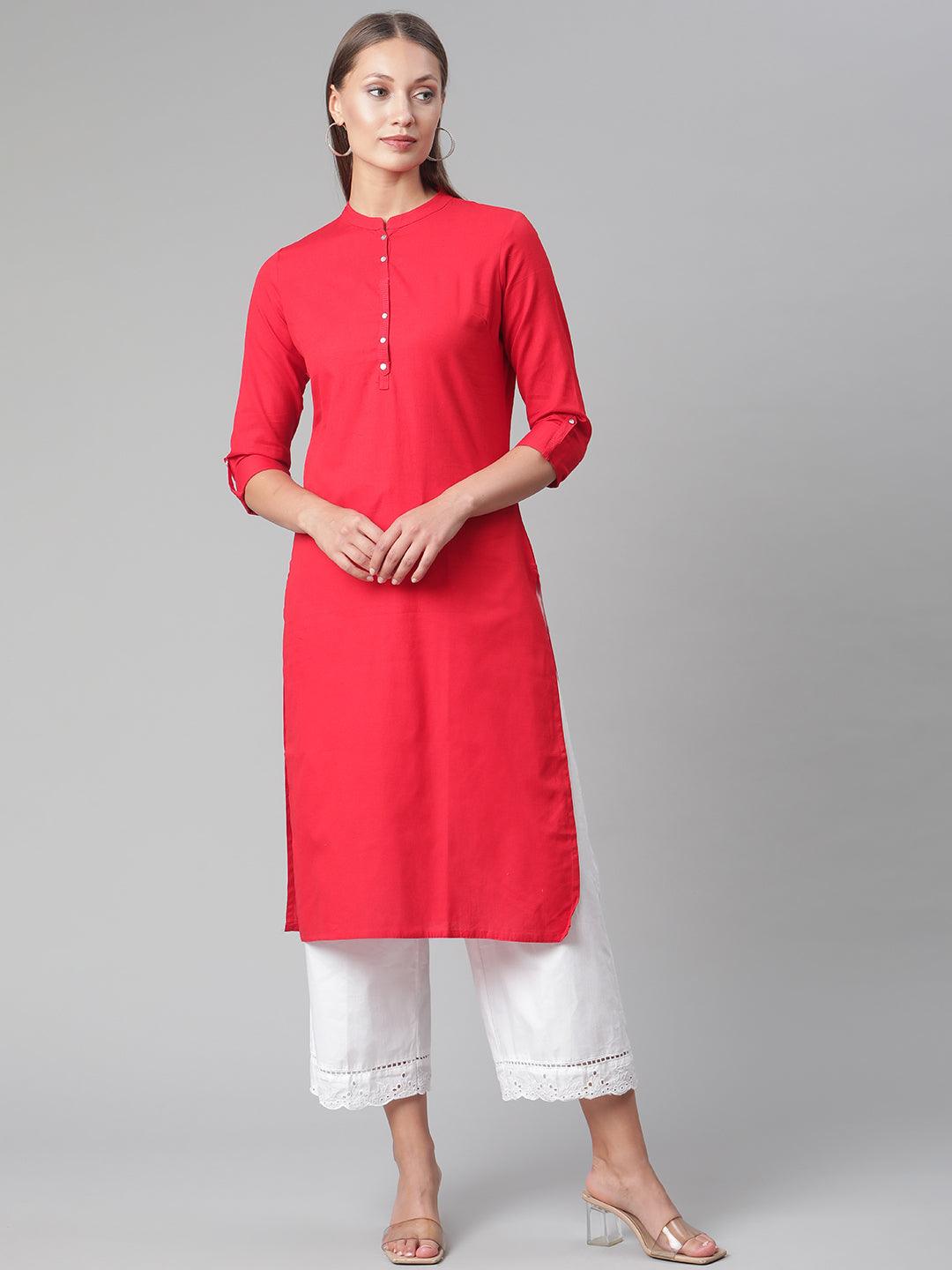 Eshani Red Cotton Straight Kurti - Eshani world