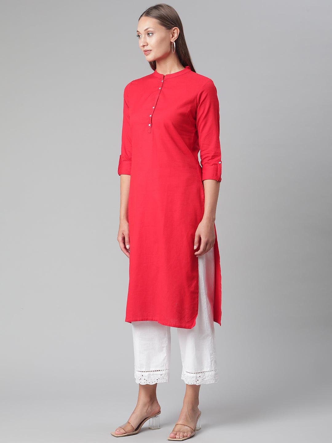 Eshani Red Cotton Straight Kurti - Eshani world