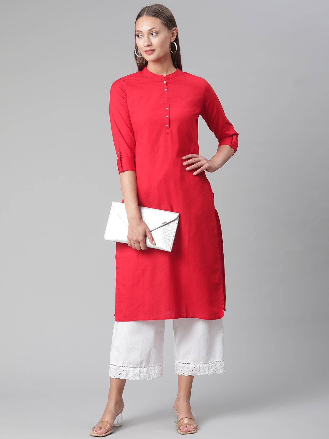 Eshani Red Cotton Straight Kurti - Eshani world