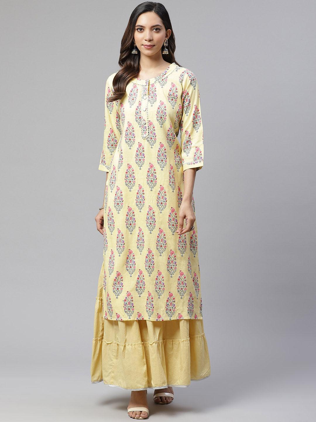 Eshani Yellow Rayon Printed Kurti Sharara Set - Eshani world