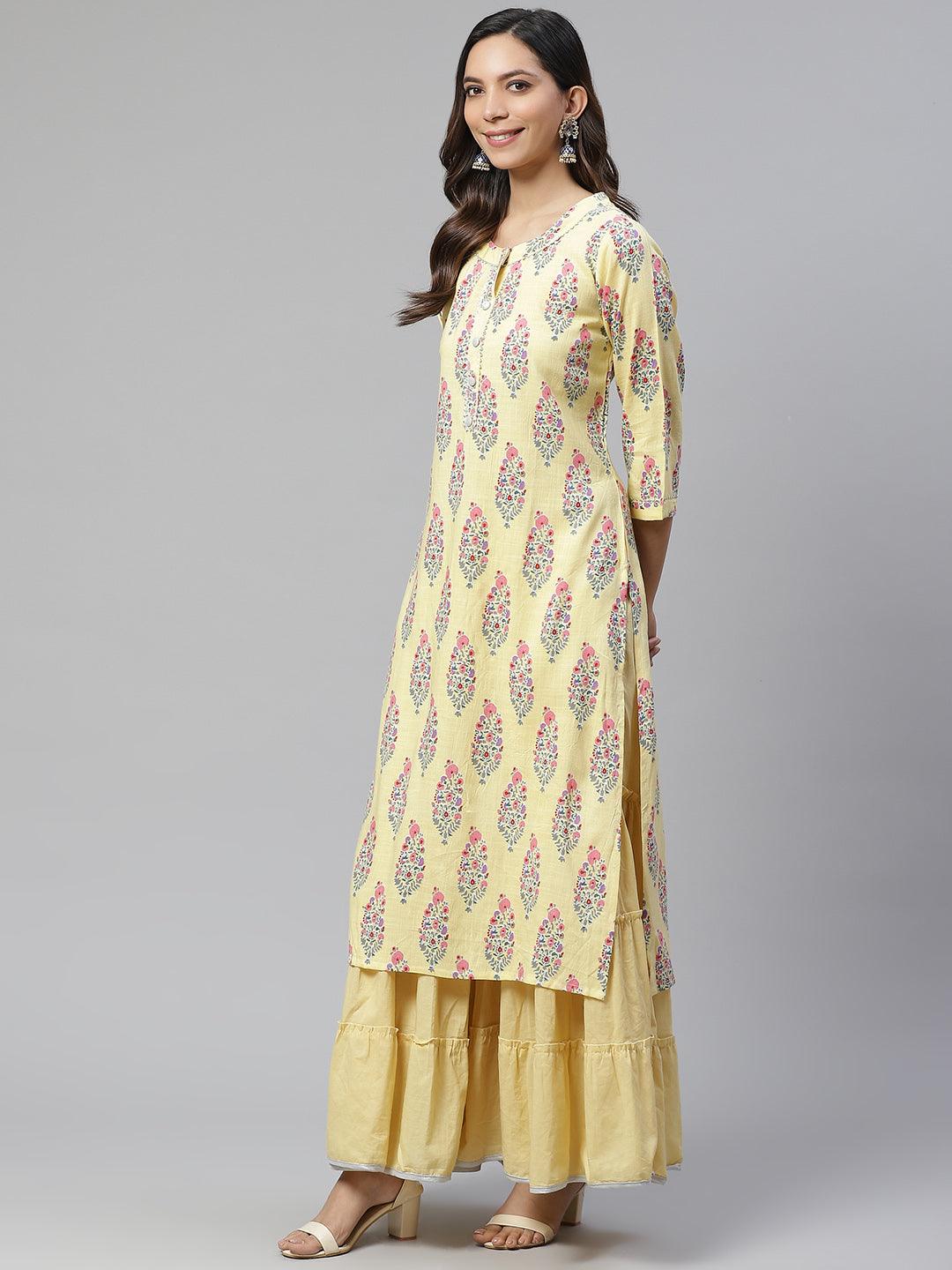 Eshani Yellow Rayon Printed Kurti Sharara Set - Eshani world