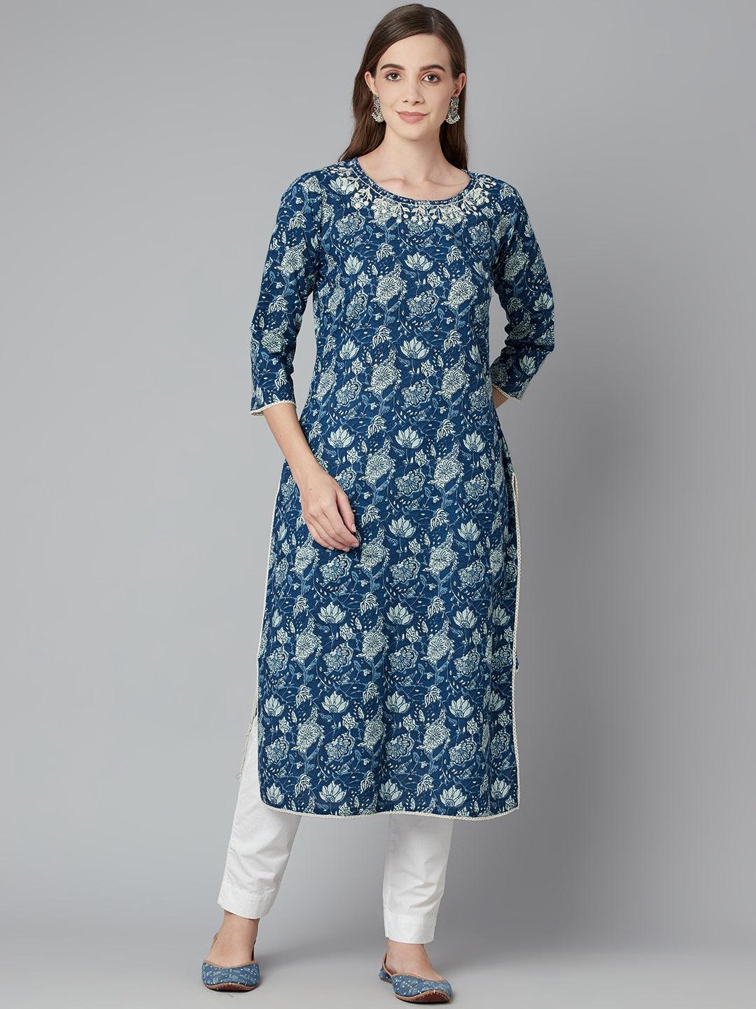 Eshani Blue Floral Straight kurta - Eshani world