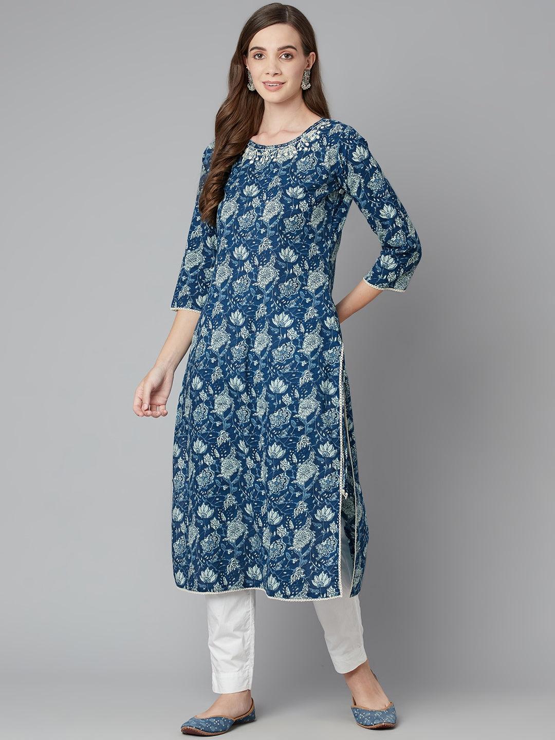 Eshani Blue Floral Straight kurta - Eshani world